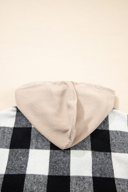 Black Plaid Patchwork Drawstring Hooded Raw Hem Shacket