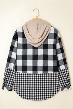 Black Plaid Patchwork Drawstring Hooded Raw Hem Shacket