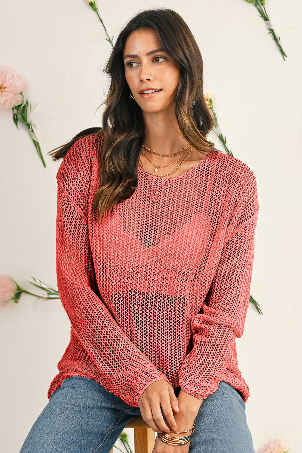Coral Crochet Hollow-out Knit Sweater