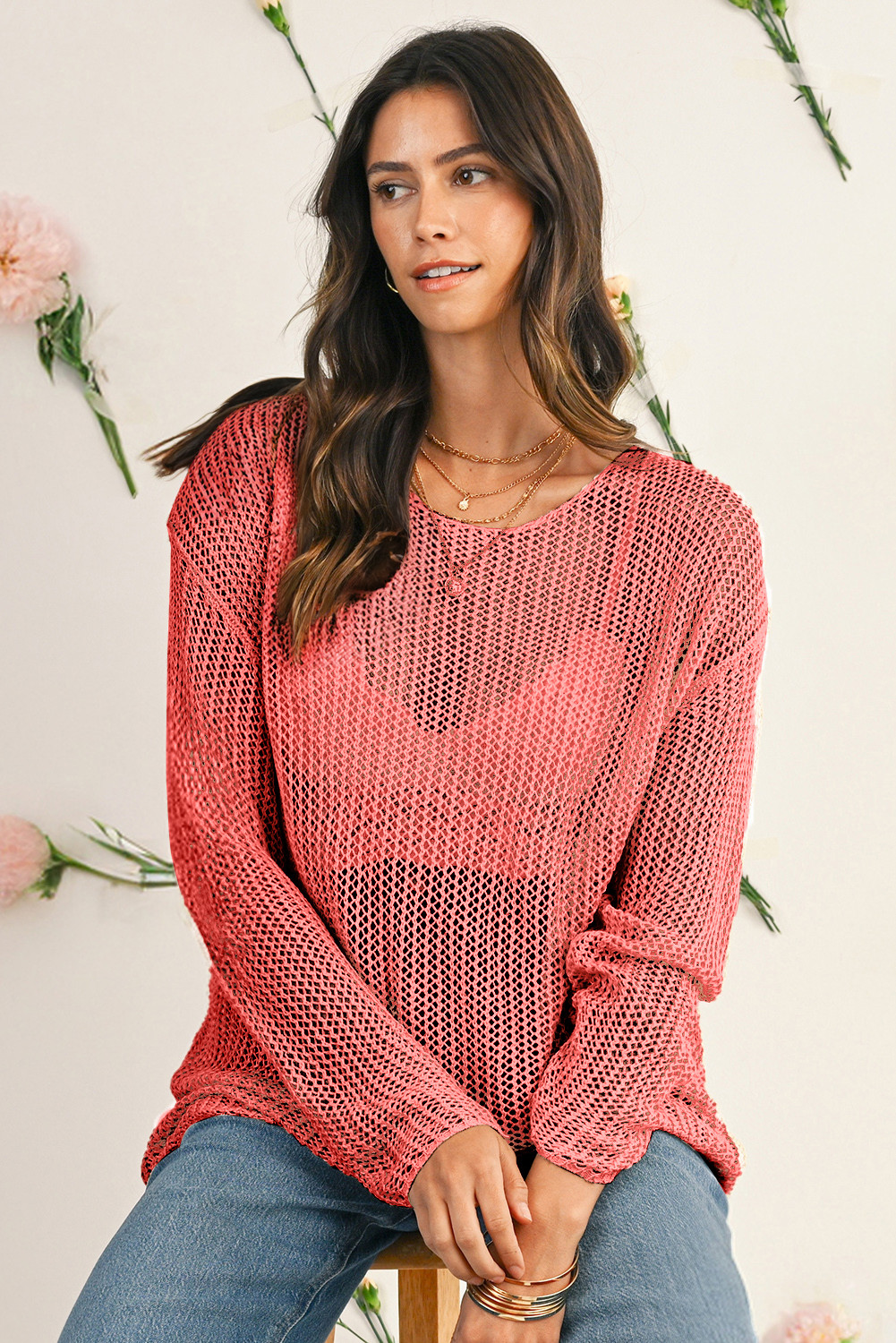 Coral Crochet Hollow-out Knit Sweater