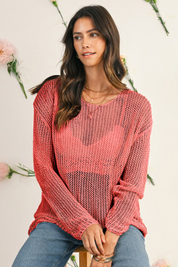 Coral Crochet Hollow-out Knit Sweater