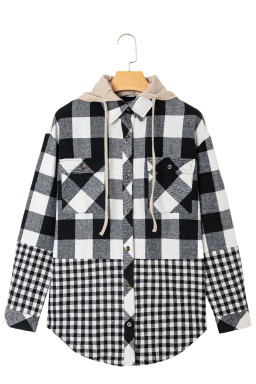 Black Plaid Patchwork Drawstring Hooded Raw Hem Shacket