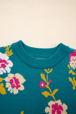 Blue Flower Pattern Short Sleeve Knit Top