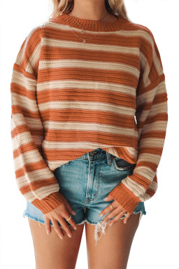 Orange Striped Ribbed Trim Drop Shoulder Sweater