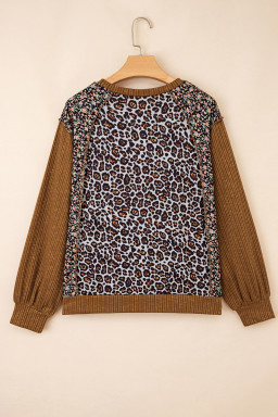 Brown Leopard Floral Print Ribbed Patchwork Puff Sleeve Loose Pullover