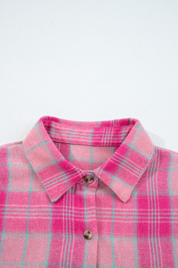 Sachet Pink Plaid Rounded Hem Long Sleeve Shirt Shacket