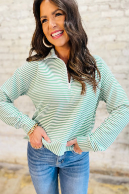 Green Stripe Quarter Zip Collar Long Sleeve Top