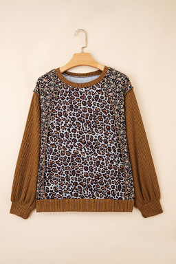 Brown Leopard Floral Print Ribbed Patchwork Puff Sleeve Loose Pullover
