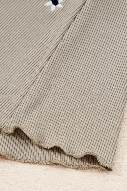 Jet Stream Floral Embroidered Detail Ribbed Long Sleeve Top