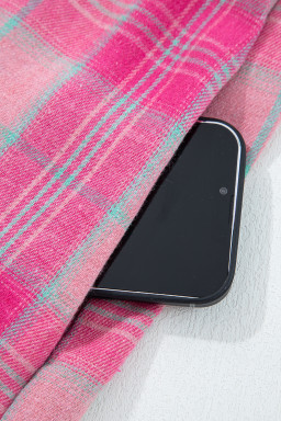 Sachet Pink Plaid Rounded Hem Long Sleeve Shirt Shacket