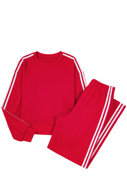 Fiery Red Varsity Striped Detail Cropped Pullover Wide Leg Pants 2pcs Outfit