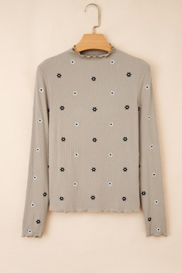 Jet Stream Floral Embroidered Detail Ribbed Long Sleeve Top