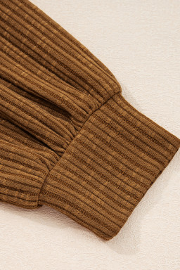 Brown Leopard Floral Print Ribbed Patchwork Puff Sleeve Loose Pullover