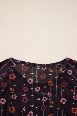 Black Floral Print Smocked Cuff Slim Fit Mesh Bodysuit