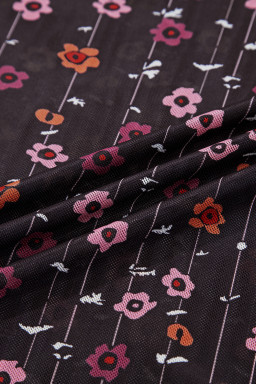 Black Floral Print Smocked Cuff Slim Fit Mesh Bodysuit