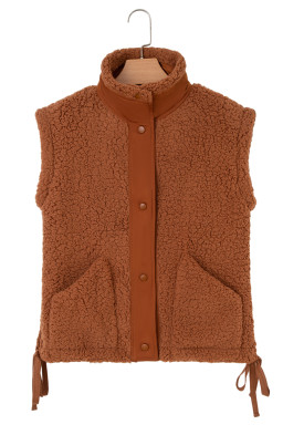 Cinnamon Faux Fur Snap Button Front Knot Side Plush Vest