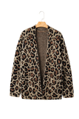 Brown Leopard Open Front Fuzzy Cardigan
