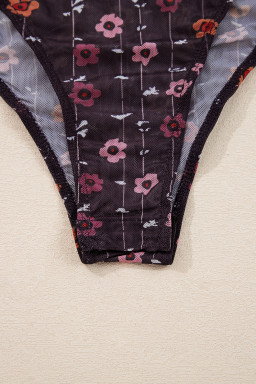 Black Floral Print Smocked Cuff Slim Fit Mesh Bodysuit