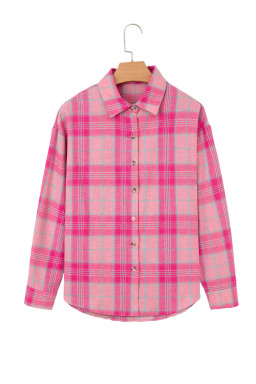 Sachet Pink Plaid Rounded Hem Long Sleeve Shirt Shacket