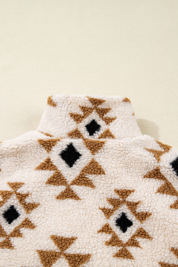 Khaki Geometric Print Sherpa Quarter Zip Collar Sweatshirt