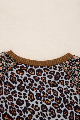 Brown Leopard Floral Print Ribbed Patchwork Puff Sleeve Loose Pullover