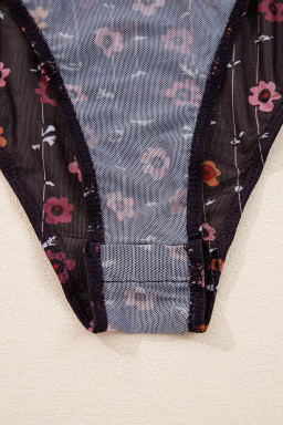 Black Floral Print Smocked Cuff Slim Fit Mesh Bodysuit