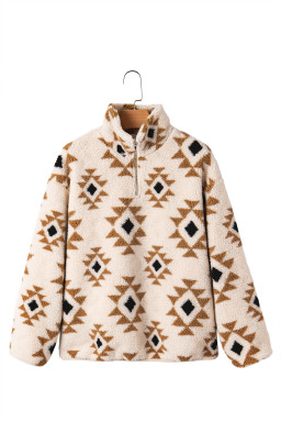 Khaki Geometric Print Sherpa Quarter Zip Collar Sweatshirt