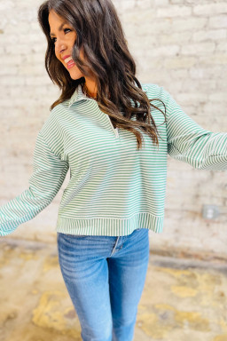 Green Stripe Quarter Zip Collar Long Sleeve Top