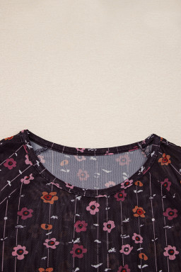 Black Floral Print Smocked Cuff Slim Fit Mesh Bodysuit