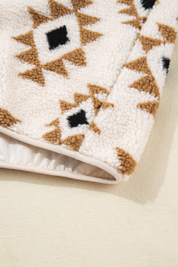 Khaki Geometric Print Sherpa Quarter Zip Collar Sweatshirt