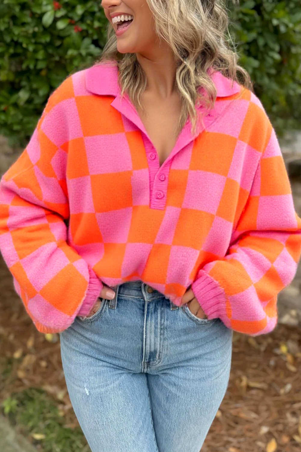 Sachet Pink Checkered Colorblock Long Sleeve Pullover Sweater