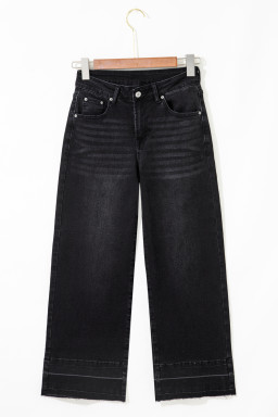 Black Raw Hem Straight Leg Loose High Waist Jeans
