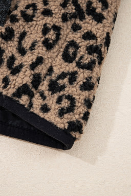 Khaki Leopard Print Zip Up Stand Neck Side Pocket Jacket