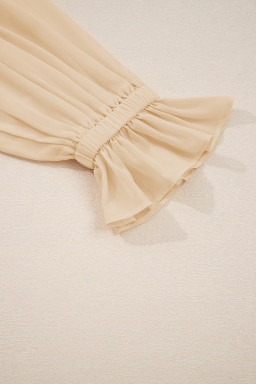 Parchment Pleated Ruffle Long Sleeve Chiffon Blouse
