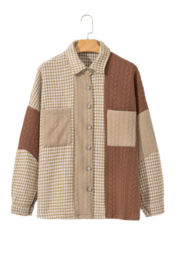 Khaki Houndstooth Textured Patchwork Loose Shacket