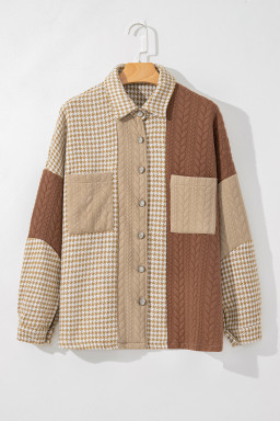 Khaki Houndstooth Textured Patchwork Loose Shacket
