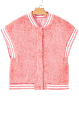 Gossamer Pink Contrast Trim Plush Sleeveless Coat