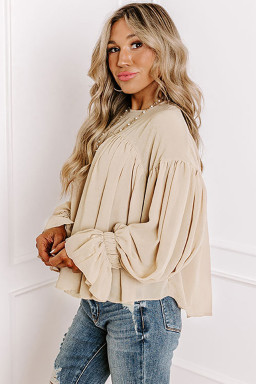 Parchment Pleated Ruffle Long Sleeve Chiffon Blouse