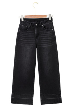 Black Raw Hem Straight Leg Loose High Waist Jeans