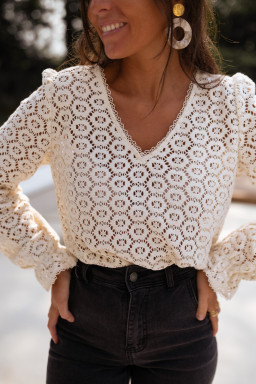 Beige Flower Lace V Neck Puff Sleeve Top