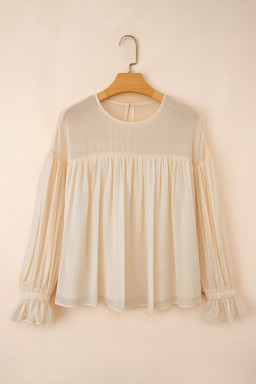 Parchment Pleated Ruffle Long Sleeve Chiffon Blouse