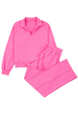 Sachet Pink Solid Color Collared Pullover and Central Seam Pants Set