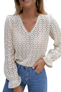 Beige Flower Lace V Neck Puff Sleeve Top