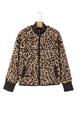 Khaki Leopard Print Zip Up Stand Neck Side Pocket Jacket