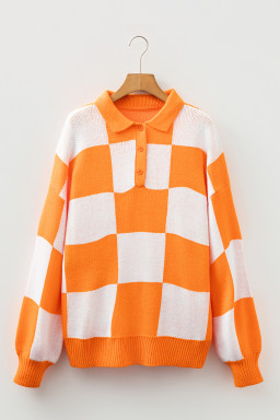 Grapefruit Orange Checkered V-Neck Collared Pullover Sweater