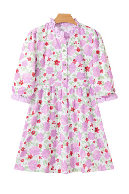 Pink Floral Print Striped Trim Flowy Mini Dress