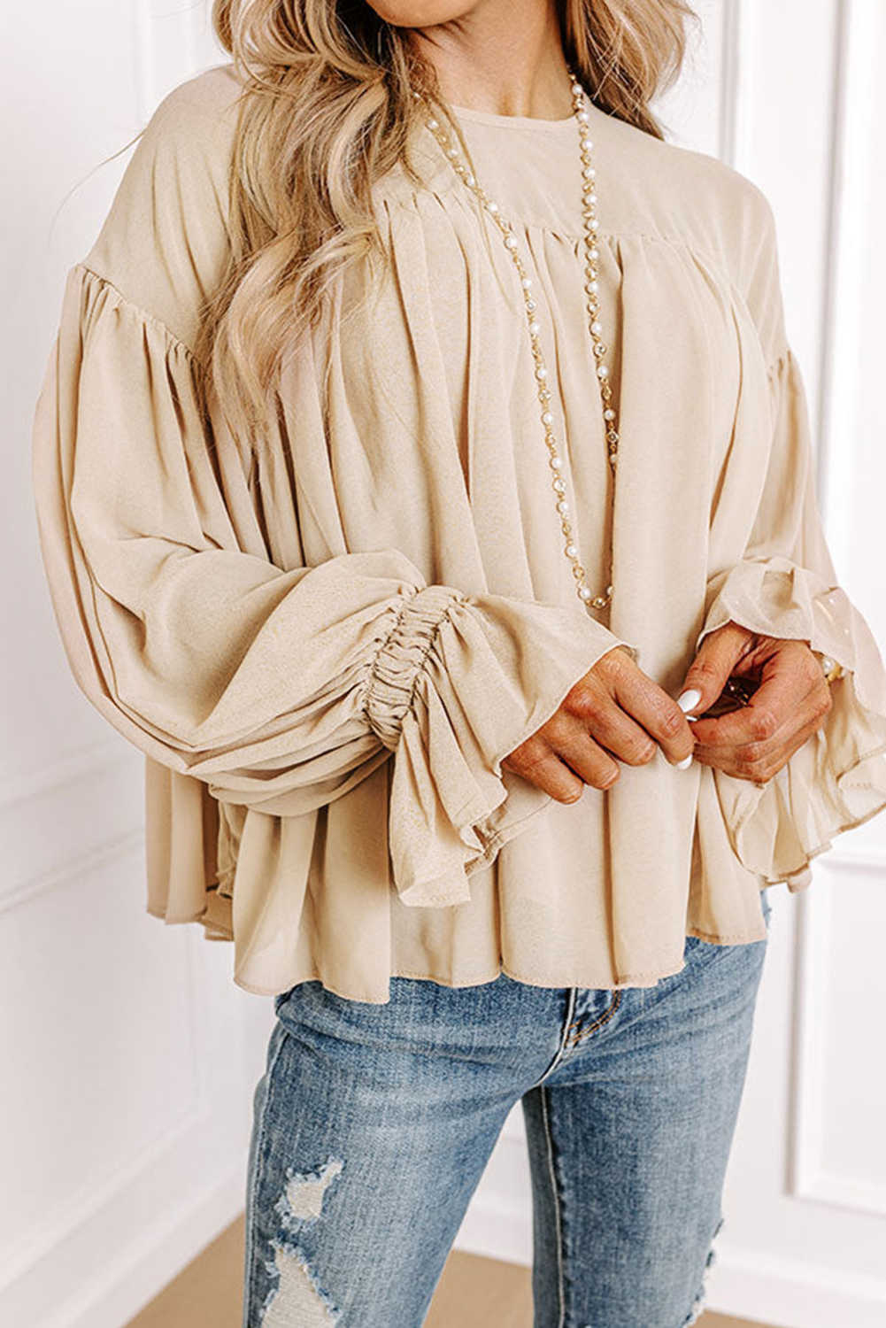 Parchment Pleated Ruffle Long Sleeve Chiffon Blouse