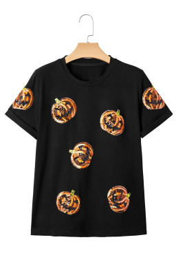 Black Halloween Sequin Pumpkin Face Graphic T Shirt