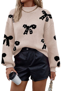 Smoke Gray Pearl Embellished Bow Pattern Loose Sweater
