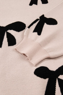 Smoke Gray Pearl Embellished Bow Pattern Loose Sweater